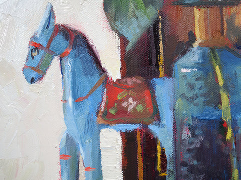 Market day: blue horse and violet hydrangea, 40x55 cm, unframed