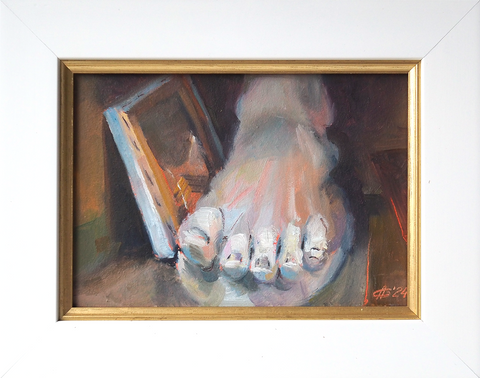 Playing footsies, oil on board, 13x18 cm, framed