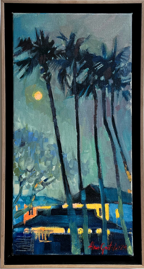 Yellow moon, oil on canvas, framed 44x24x6 cm