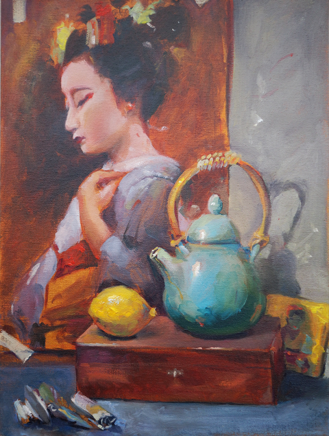 Still life with a portrait of geisha, 16x12", oil on board