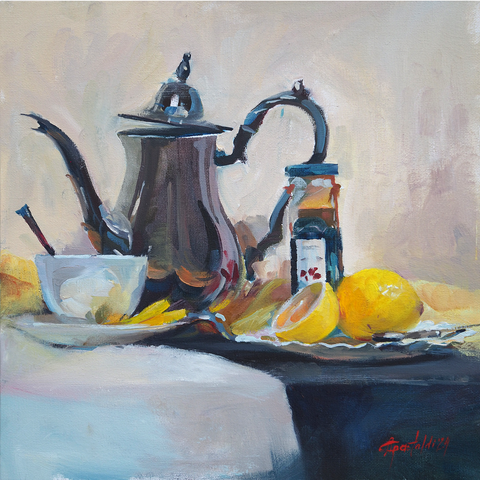 Tea with strawberry jam - 30x30 cm, oil on board, framed
