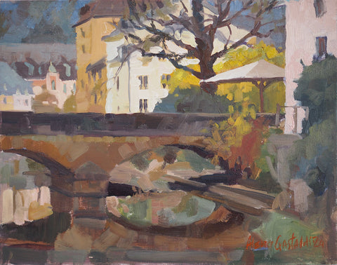 Luxembourg: Pont du Grund (Scott's pub), 28x35 cm, oil on panel, unframed