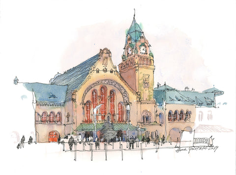 Gare de Metz-Ville (Train station in Metz, France), 30x40 cm, watercolour and ink on paper, unframed