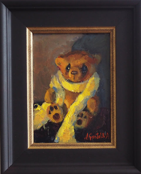 Gerome (Teddy bear with yellow scarf), oil on panel, 27x21.5, framed