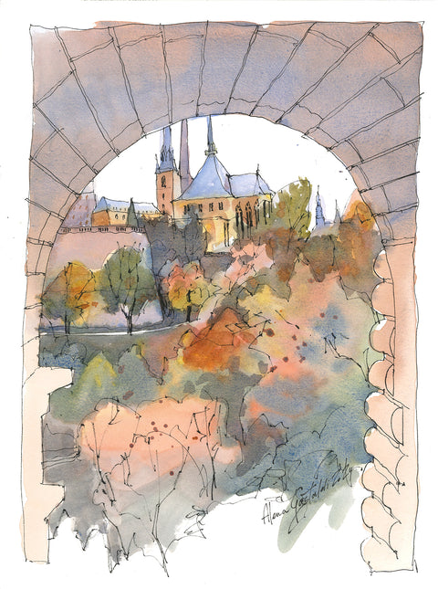 Luxembourg, Cathédrale Notre Dame from Pont Adolphe, 40x30 cm, watercolour & ink on paper, unframed