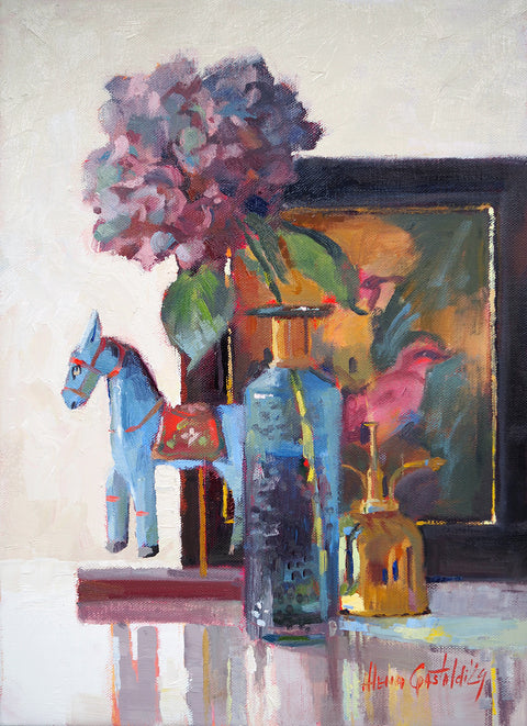 Market day: blue horse and violet hydrangea, 40x55 cm, unframed