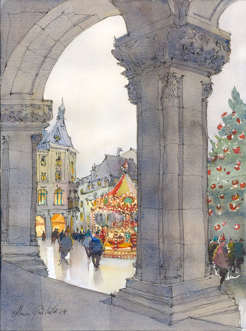 Luxembourg, Christmas at Place D'Armes, 40x30 cm, watercolour & ink on paper