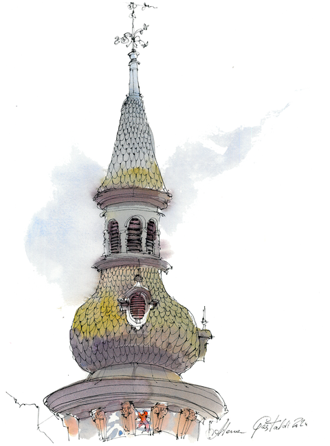 Green Tower (Luxembourg, rue du Marche aux Herbes), 40x30 cm, watercolour & ink on paper, unframed