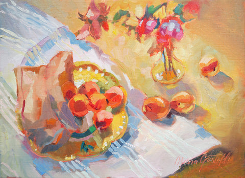 Apricots on a yellow plate, oil on linen, 40x55 cm