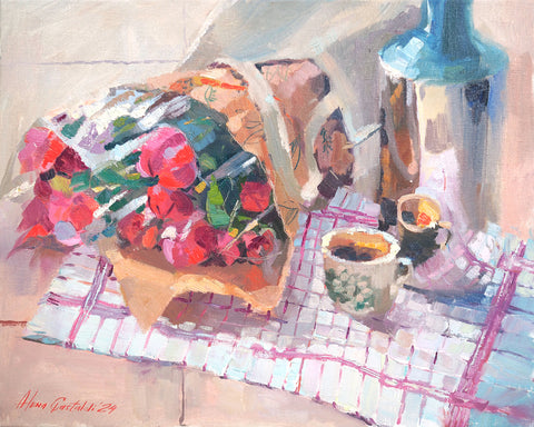 Peonies and coffee, oil on linen, 40x50 cm