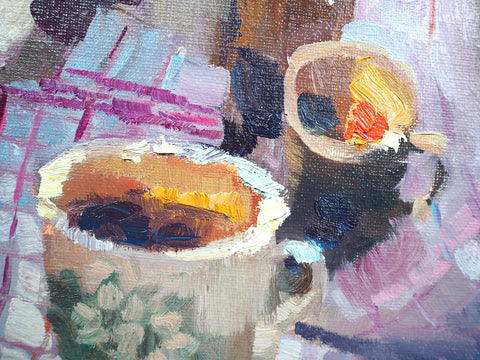 Peonies and coffee, oil on linen, 40x50 cm