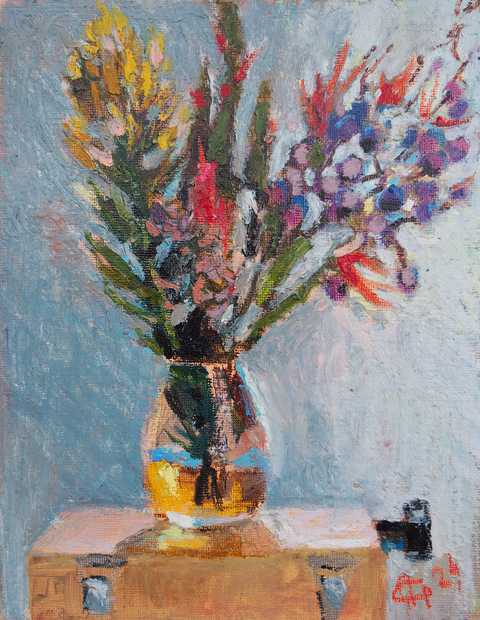 Flowers on pochade box, 9x7", oil pastels on board