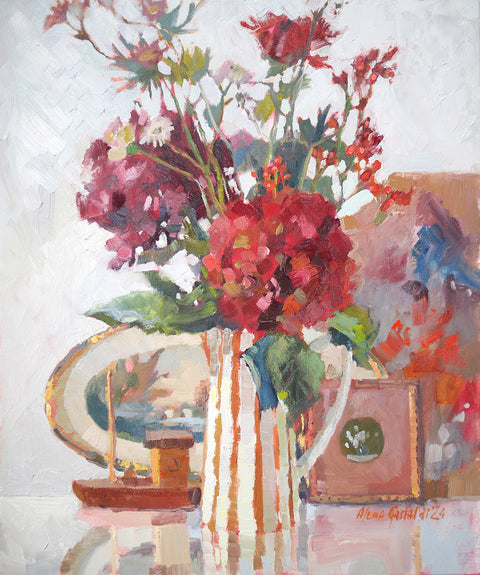 Market day: red and gold, oil on linen, 60x50 cm, unframed